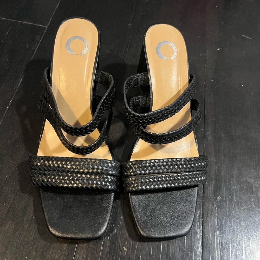 Journee Collection Black Braided Strap Heeled Slide Sandals